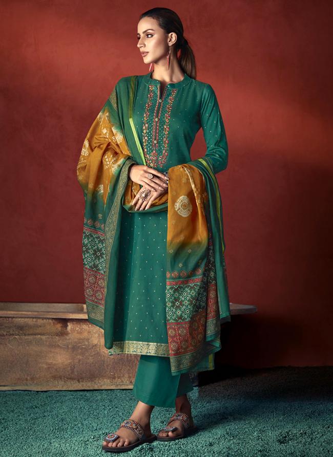Pure Viscose Satin Green Traditional Wear Embroidery Work Straight Suit